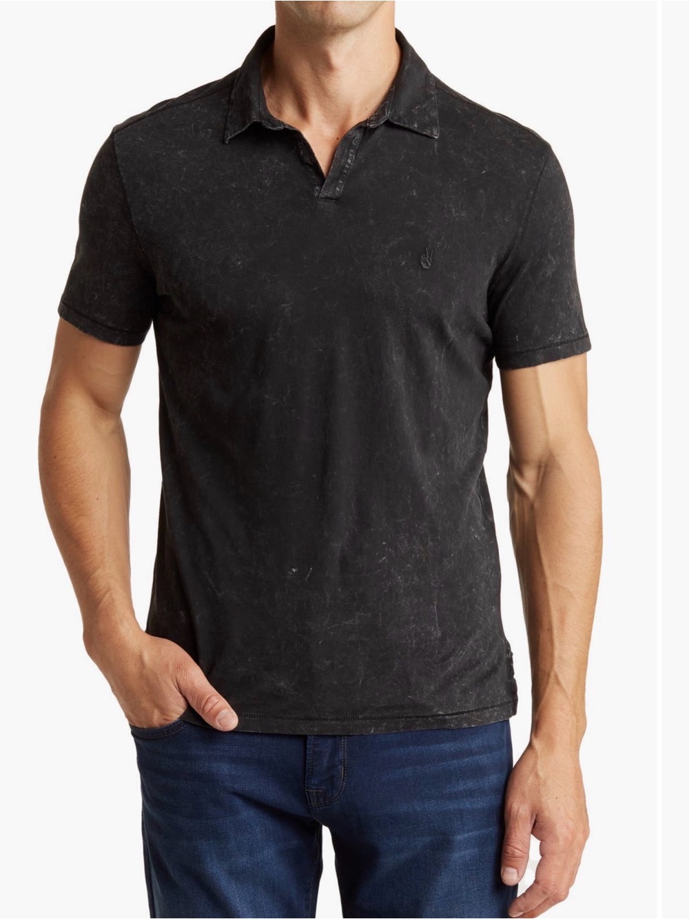 John Varvatos Marble Wash Short Sleeve Polo Shirt Size L Black Acid Wash